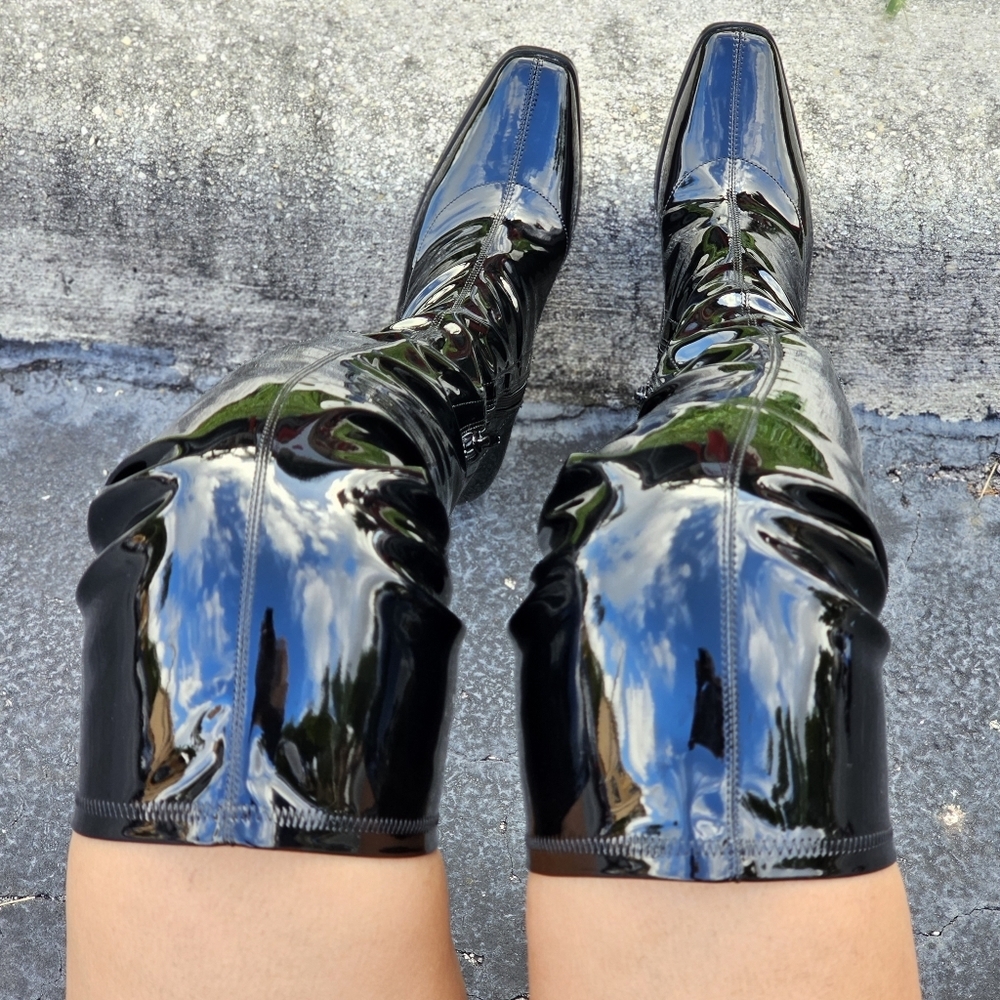Black Thigh High Chunky Heel Boots Pull On with Side Zipper - Picture 7 of 8